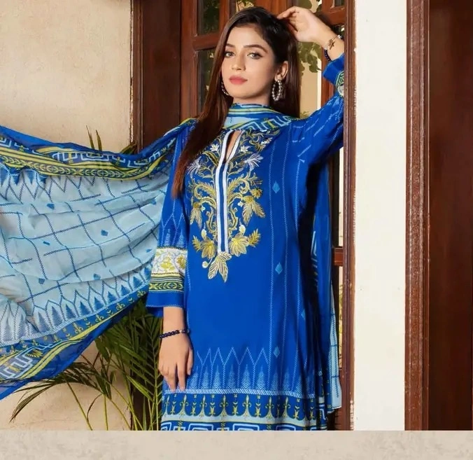 Zobia Noor 3 Piece Embroidered Printed Lawn Suit with Chiffon Dupatta Blue (Unstitched)