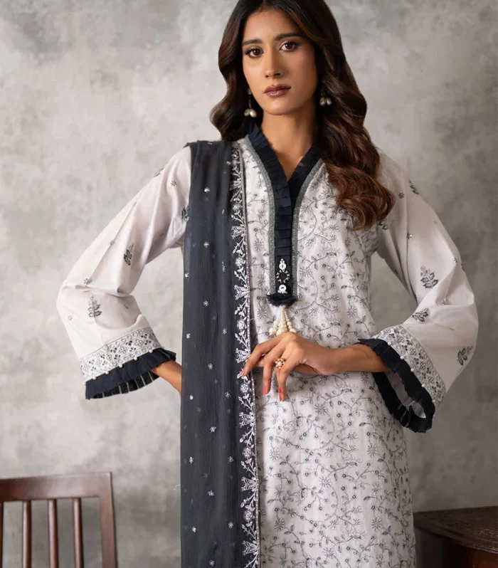 Salitex 3 Piece White Embroidered Chikankari Lawn Suit Material with Chiffon Dupatta