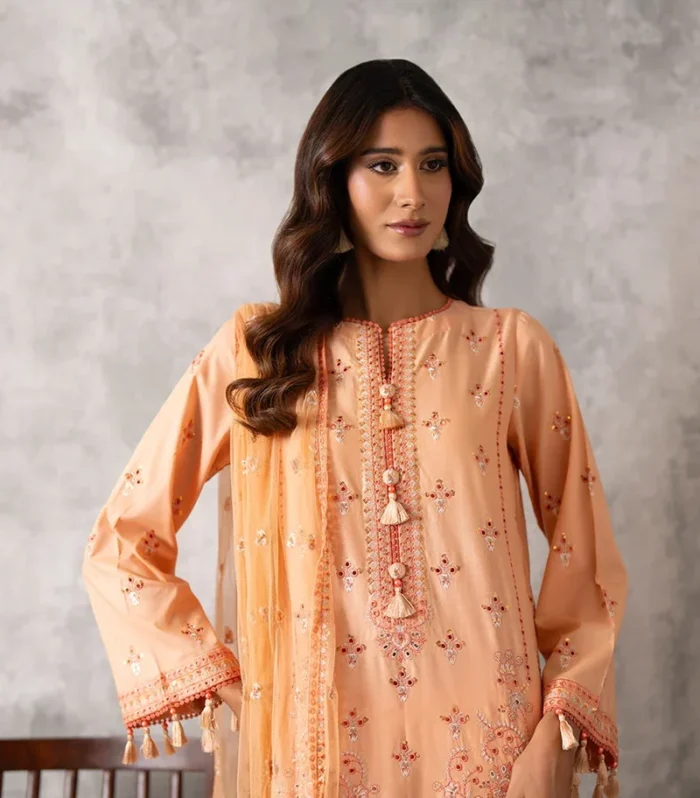 Salitex 3 Piece Peach Embroidered Chikankari Lawn Suit Material with Net Dupatta